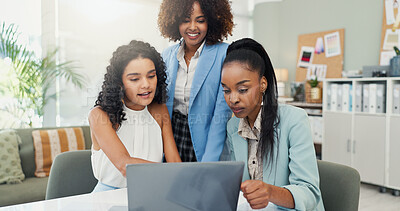 Buy stock photo Laptop, fashion designer and group planning with women brainstorming project theme. Computer, business and creative team discussion for ideas, fabric or clothing color in meeting at startup office
