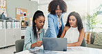 Laptop, fashion designer and team planning with women in training for project theme. Computer, business and creative group discussion for ideas, fabric and clothing color in meeting at startup office