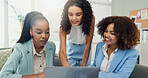 Office, advice and team of women at laptop for training, support or online research for internship in webdesign. Help, project management and group of business people at computer for website planning