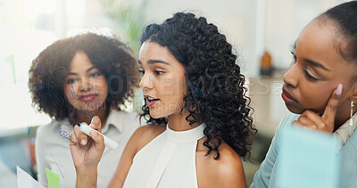 Buy stock photo Writing, group and collaboration for women, business and colleagues with thinking for brainstorming and glass. Meeting, employees and people with sticky notes, public relations and ideas for launch