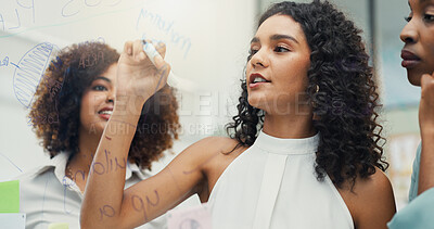 Buy stock photo Writing, meeting and women with ideas, glass and colleagues with smile for brainstorming and business. Group, employees and people with sticky notes, public relations and collaboration in office