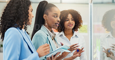 Buy stock photo Group, brainstorming and women with ideas, glass and colleagues with smile for meeting and business. Conversation, employees and people with sticky notes, public relations and collaboration in office