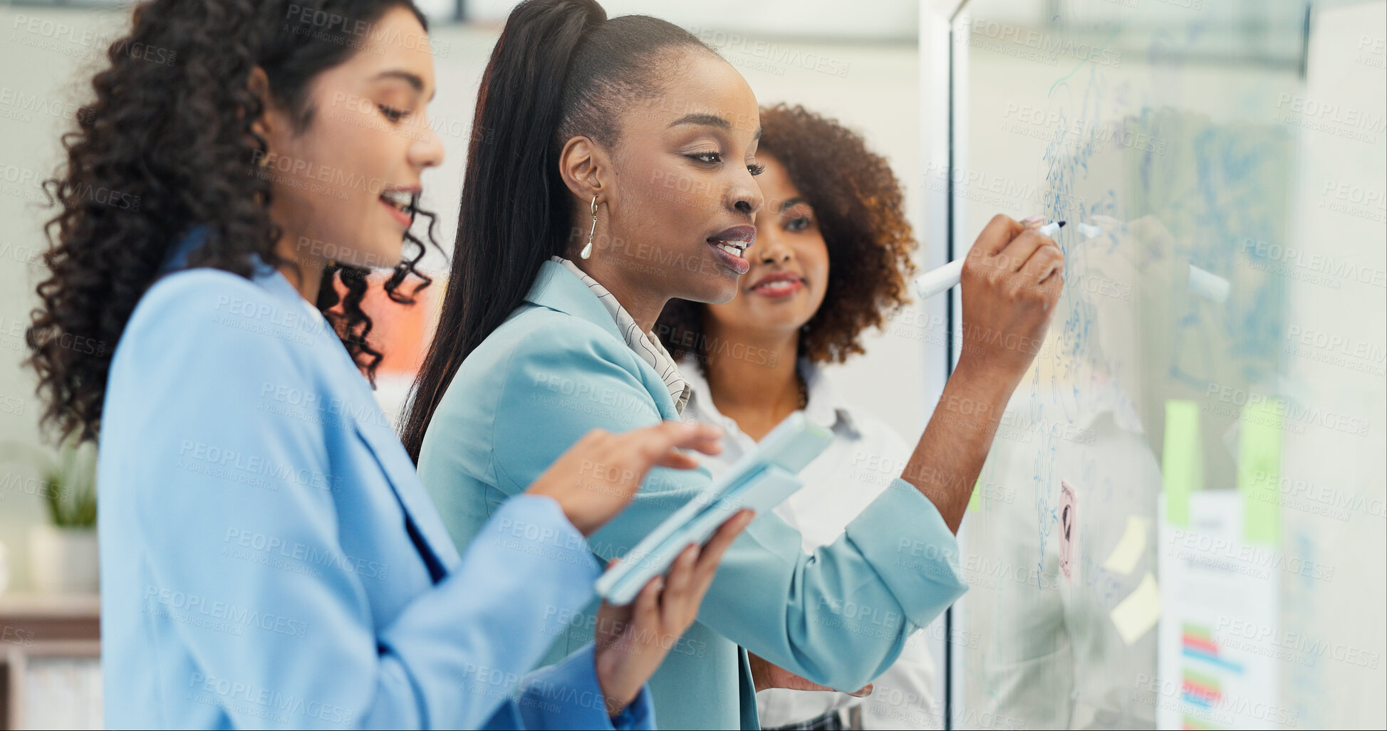 Buy stock photo Group, brainstorming and women with ideas, writing and colleagues with smile for meeting or business. Conversation, employees and people with sticky notes, public relations or collaboration in office
