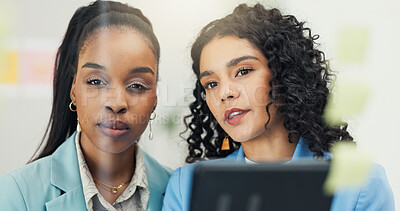 Buy stock photo Glass, ideas and business women on tablet for research, brainstorming and meeting for project. Creative, office and people on digital tech with sticky notes for planning, teamwork and strategy
