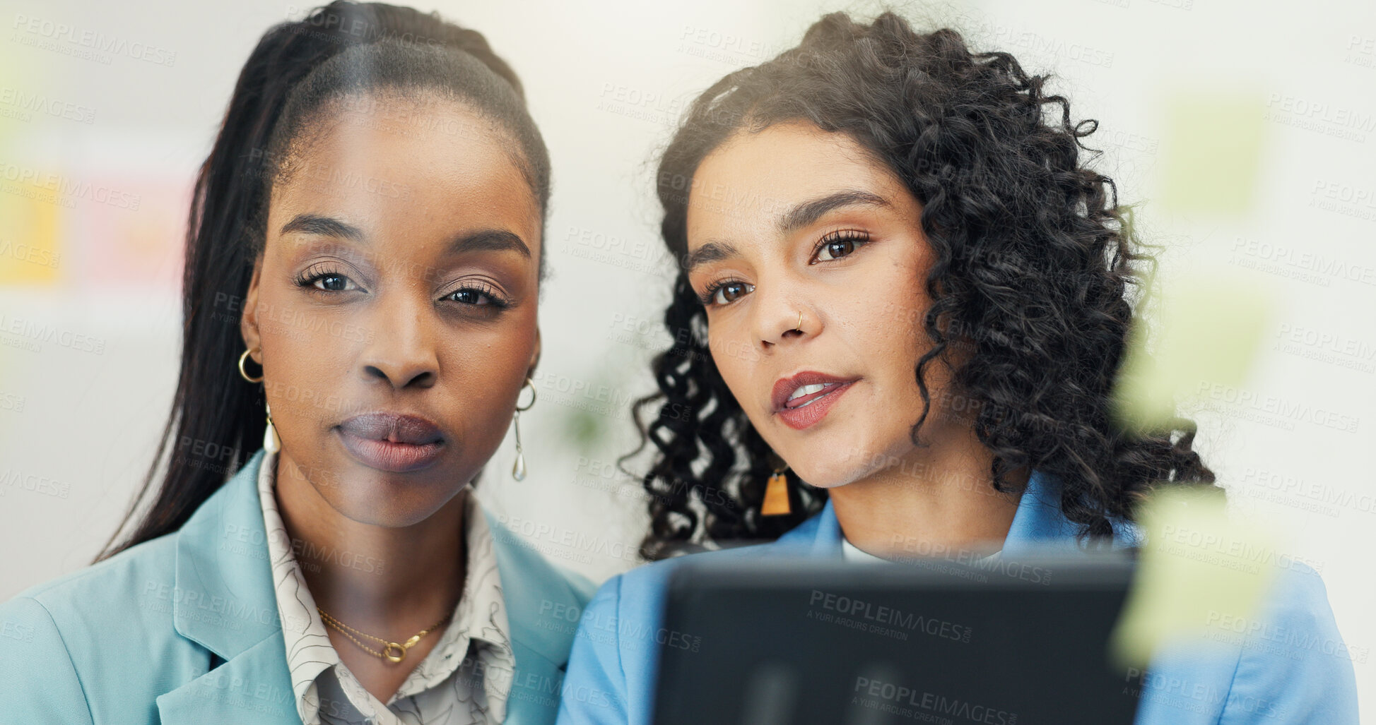 Buy stock photo Glass, ideas and business women on tablet for research, brainstorming and meeting for project. Creative, office and people on digital tech with sticky notes for planning, teamwork and strategy