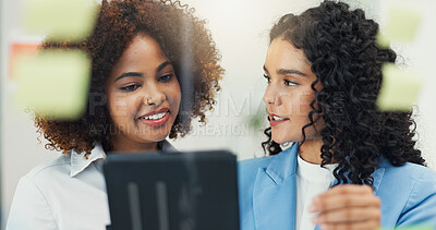Buy stock photo Planning, ideas and business women on tablet for research, brainstorming and meeting for project. Creative, office and people on digital tech with sticky notes for discussion, teamwork and strategy
