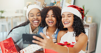 Buy stock photo Christmas, selfie and friends with business people at office party for festive, celebration and social media post. Xmas, memory and solidarity with group of women in agency for picture, gift and team