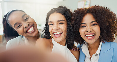 Buy stock photo Woman, group and selfie with portrait at office, happy and connection for post on social media. People, team and smile with photography, profile picture or solidarity with friends at creative agency