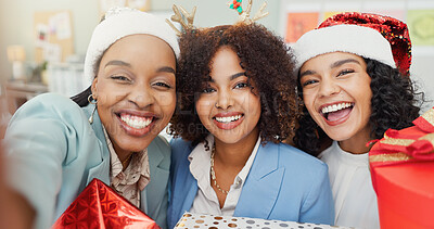 Buy stock photo Christmas, selfie and portrait with business people at office party for festive, celebration or social media post. Xmas, memory and solidarity with group of women in agency for picture, gift and team