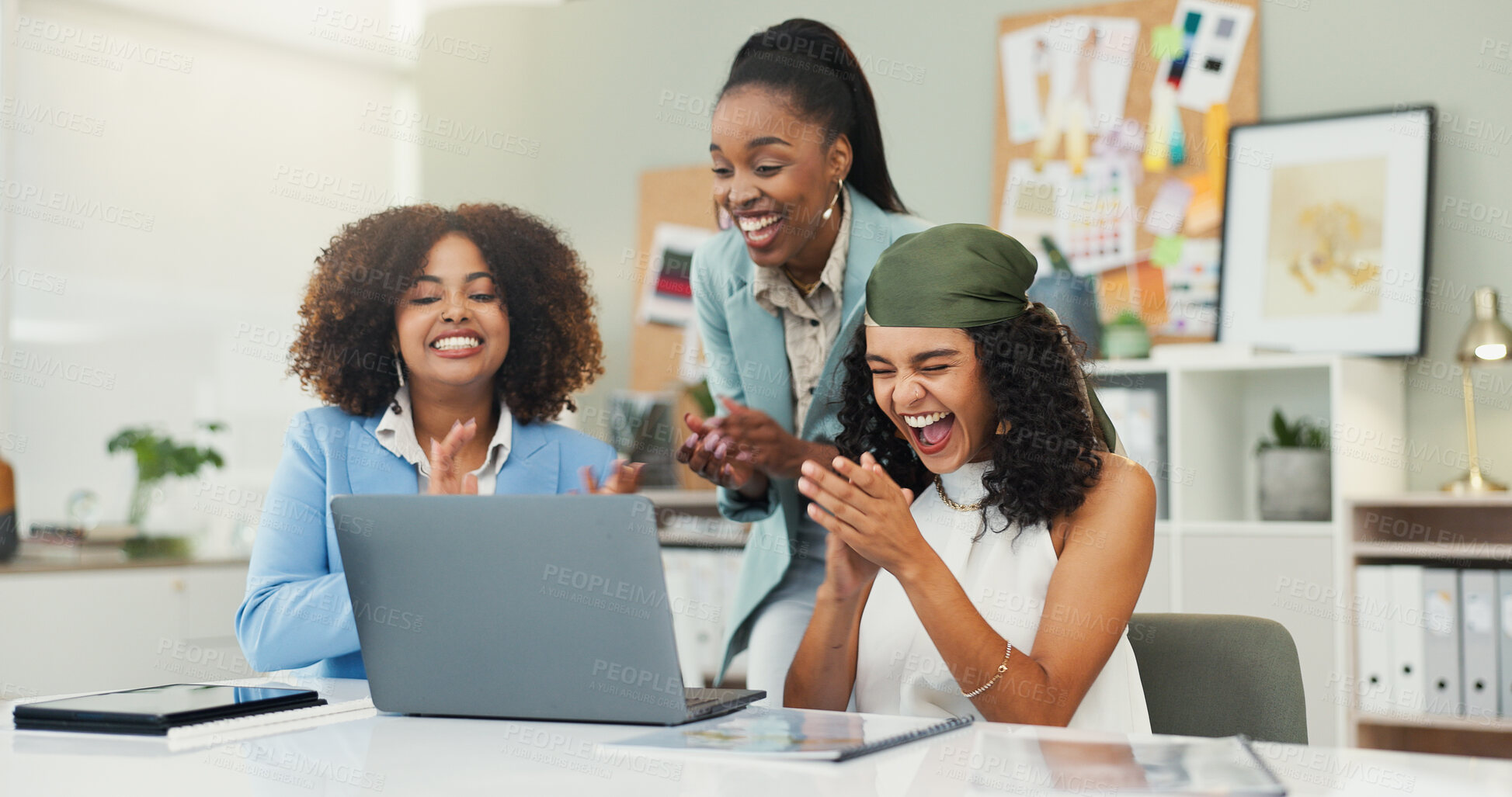 Buy stock photo Business, celebration and women with applause by laptop for creative opportunity, design recognition and excited. Fashion designer, team and happy for industry award, achievement email and success