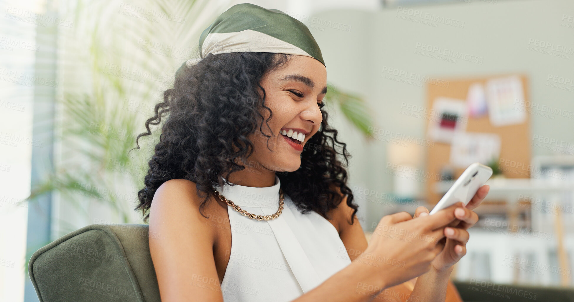 Buy stock photo Business, woman and happy with phone in office for client email, networking and project communication. Designer, sofa and employee with smartphone for text message, internet research and work break