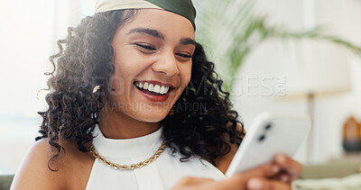Buy stock photo Business, woman and smile with phone in office for text message, reading notification or client communication. Designer, happy and employee with smartphone for internet research, mobile chat or email