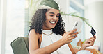Woman, phone and credit card on sofa for online shopping, search or smile for discount, sale or payment in home. Person, smartphone and banking with fintech on mobile app, ecommerce or happy for deal