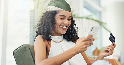 Buy stock photo Woman, phone and credit card on sofa for online shopping, search or smile for discount, sale or payment in home. Person, smartphone and banking with fintech on mobile app, ecommerce or happy for deal