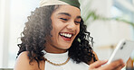 Business, woman and laughing with phone in office for funny text message, social media meme and work break. Designer, employee and smartphone for streaming service, online joke and internet research