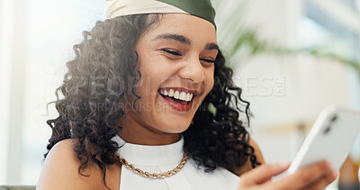 Buy stock photo Business, woman and laughing with phone in office for funny text message, social media meme and work break. Designer, employee and smartphone for streaming service, online joke and internet research
