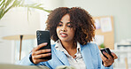 Business woman, phone and credit card for online shopping, search and payment for stock order in office. Person, smartphone and fintech on mobile app, deal and material for fashion design at startup
