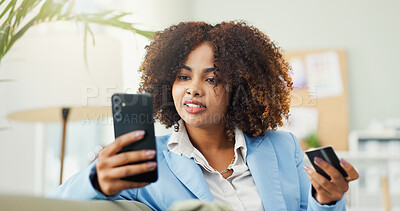 Buy stock photo Business woman, phone and credit card for online shopping, search and payment for stock order in office. Person, smartphone and fintech on mobile app, deal and material for fashion design at startup