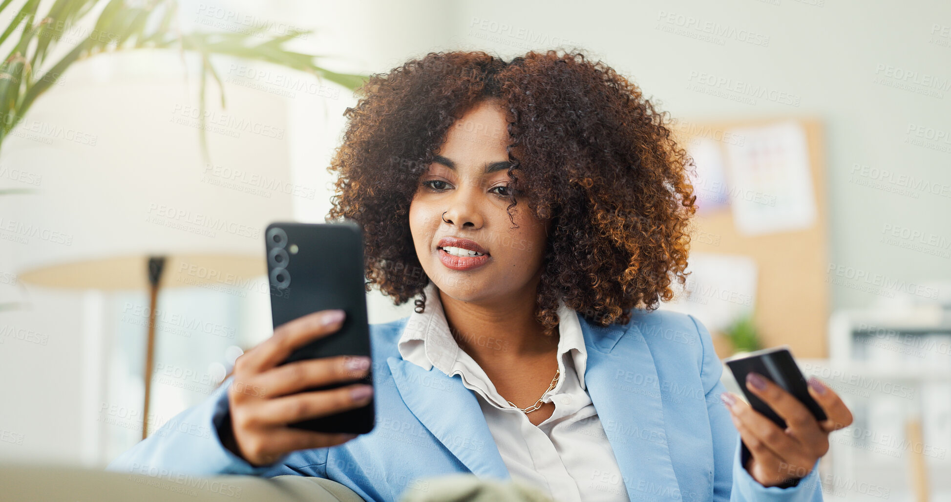 Buy stock photo Business woman, phone and credit card for online shopping, search and payment for stock order in office. Person, smartphone and fintech on mobile app, deal and material for fashion design at startup