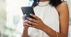 Typing, hands and business woman with phone for social networking, email and online contact. Professional, corporate and person on smartphone for mobile app, communication and connection at work