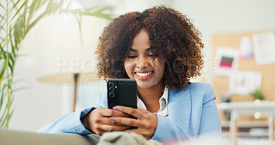 Buy stock photo Break, phone and smile of business woman in office for communication, social media or update. App, designer and text message with happy person on sofa in creative workplace for mobile chatting