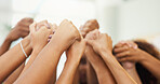 Business, group and holding hands with closeup support for prayer, office worship and community. Professional, people and collaboration at workplace for corporate faith, partnership and connection