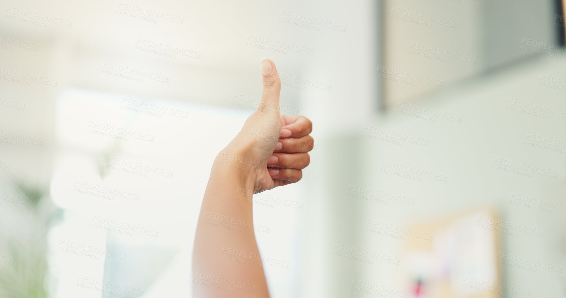 Buy stock photo Thumbs up, hand and person in home, opinion and closeup of gesture for vote, thank you and living room. Feedback, review and agreement with yes in house, praise and sign for approval in lounge