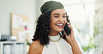 Phone call, small business and thinking with woman in office for communication, negotiation or update. Contact, conversation and smile of happy employee in creative workplace as startup entrepreneur