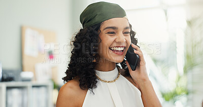 Buy stock photo Phone call, small business and thinking with woman in office for communication, negotiation or update. Contact, conversation and smile of happy employee in creative workplace as startup entrepreneur