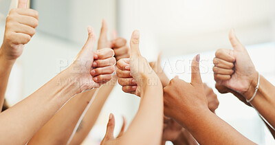 Buy stock photo Closeup, people or hands to vote with thumbs up, good job or well done symbol with teamwork. Group, poll or voters with success, like gesture or yes sign for positive review or community development