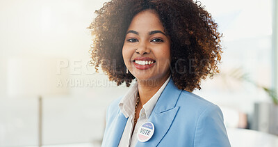 Buy stock photo Politics, portrait and happy woman with badge for vote, confidence or choice on button for government. Parliament, pin and proud African politician with smile for elections, democracy or registration
