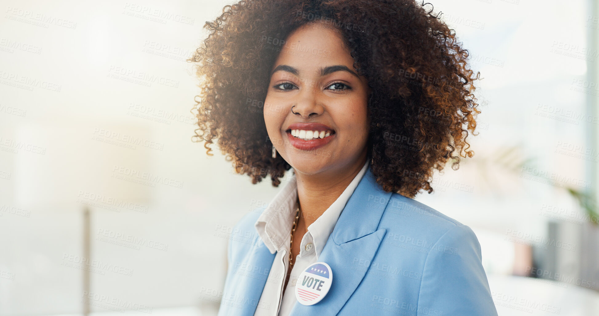 Buy stock photo Politics, portrait and happy woman with badge for vote, confidence or choice on button for government. Parliament, pin and proud African politician with smile for elections, democracy or registration