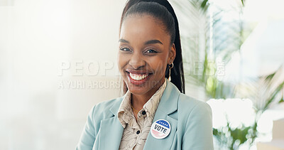 Buy stock photo Vote, badge and portrait of black woman in office with political choice, decision and election. Government, public relations and person with pin happy for voting results, poll and patriotic support