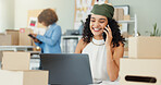 Laptop, phone call and logistics with woman and small business for delivery schedule, ecommerce and inventory. Shipping, distribution and cargo with person in office supply warehouse for stock