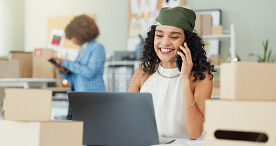 Buy stock photo Laptop, phone call and logistics with woman and small business for delivery schedule, ecommerce and inventory. Shipping, distribution and cargo with person in office supply warehouse for stock