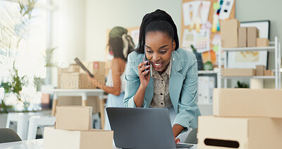 Buy stock photo Laptop, phone call and ecommerce with woman and small business for delivery schedule, shipping and inventory. Logistics, distribution and cargo with person in office supply warehouse for stock