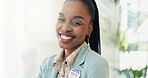 Government, portrait and happy woman with badge for vote, confidence or choice on button for politics. Parliament, pin and proud African politician with smile for elections, democracy or registration