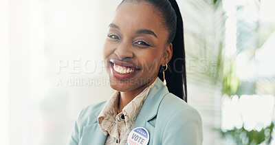 Buy stock photo Government, portrait and happy woman with badge for vote, confidence or choice on button for politics. Parliament, pin and proud African politician with smile for elections, democracy or registration
