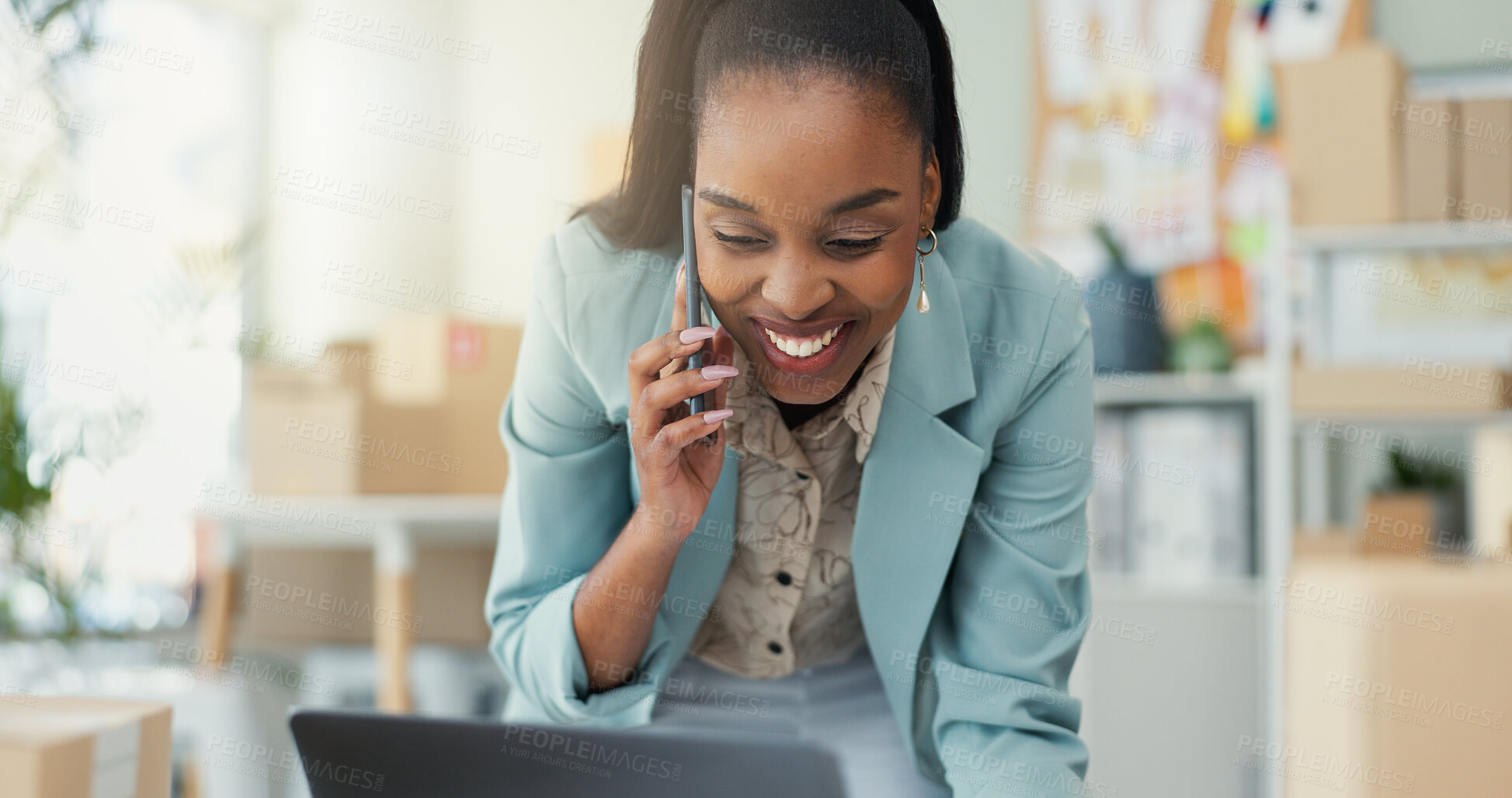 Buy stock photo Laptop, phone call and shipping with woman and small business for delivery schedule, ecommerce and inventory. Logistics, distribution and cargo with person in office supply warehouse for stock