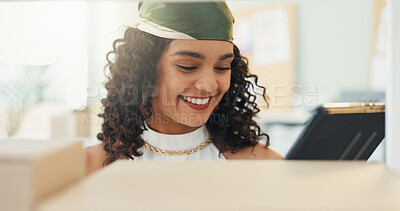 Buy stock photo Tablet, box and shipping with woman and small business for delivery schedule, storage and inventory. Logistics, distribution and cargo with person in warehouse for supply chain, plant and courier