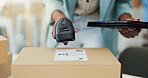 Scan, box and shipping with hands and tablet for delivery schedule, ecommerce and inventory. Logistics, distribution and cargo with closeup of person in warehouse for supply chain, barcode and online