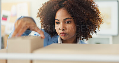 Buy stock photo Shelf, box and shipping with woman and small business for delivery schedule, storage and inventory. Logistics, distribution and cargo with person in warehouse for supply chain, plant and courier