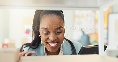 Buy stock photo Tablet, shelf and logistics with black woman and small business for delivery schedule, storage and inventory. Shipping, distribution and cargo with person in warehouse for supply chain and courier