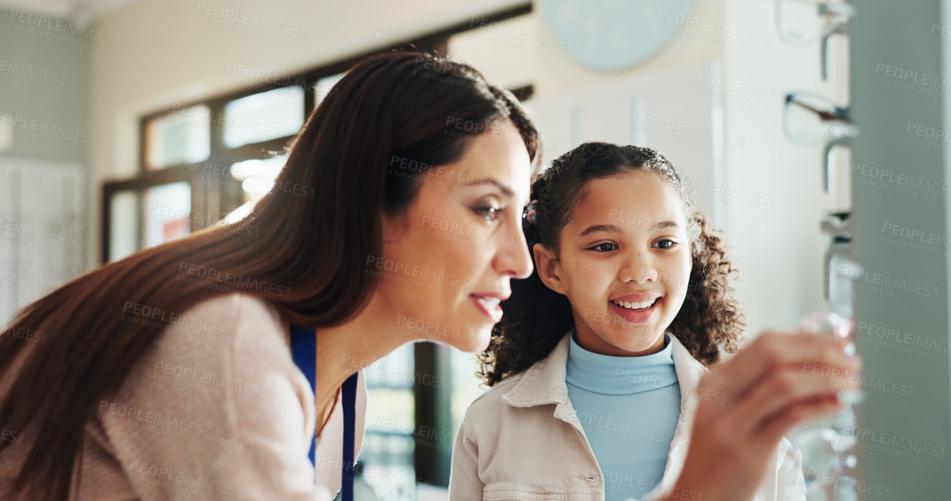 Buy stock photo Optometry, glasses and woman with child for choice of frames, prescription lens and spectacles for sight. Healthcare, ophthalmology and optician with girl for eye care, vision and medical service