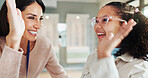 Happy woman, child or high five with glasses for eyesight, perfect lens or vision at optometrist. Female person, kid or girl with smile or youth for eyecare, eyewear or optometry development at store