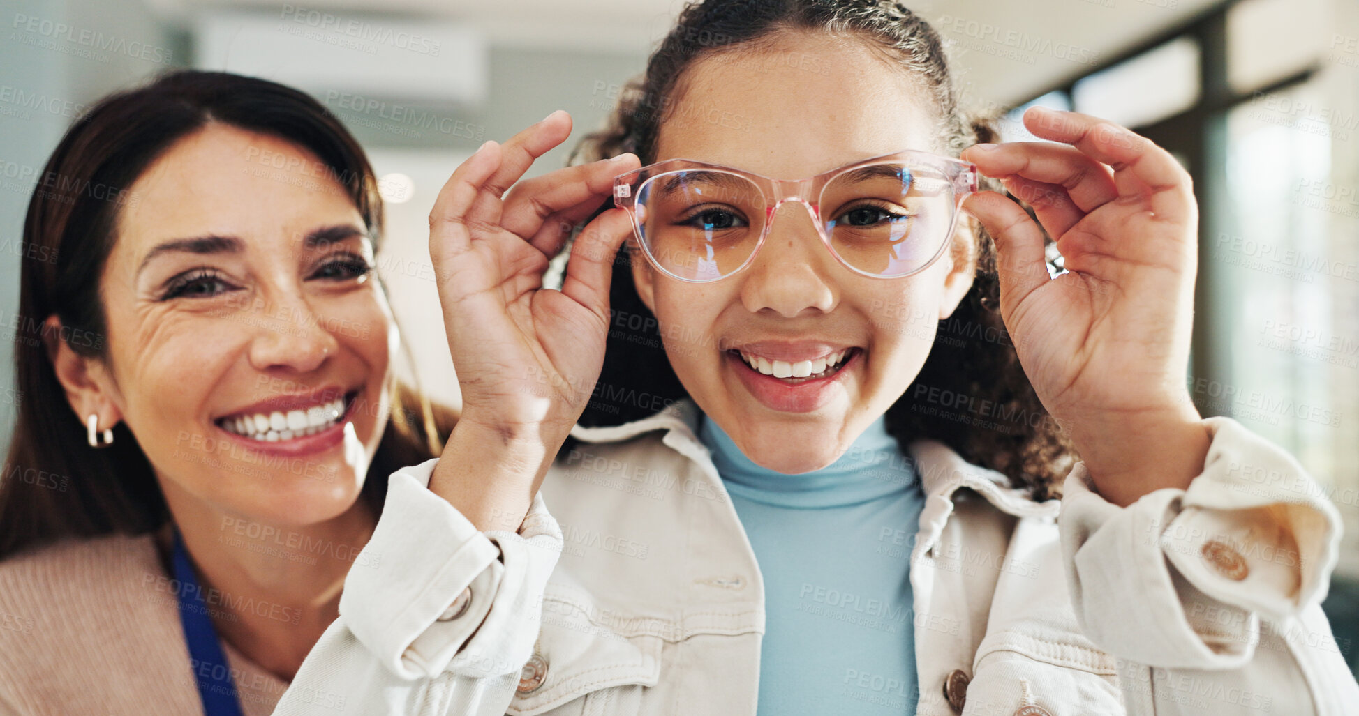 Buy stock photo Optician, child and portrait with glasses shopping for vision, prescription lens and happy with frame fitting. Optometry, woman and girl customer with designer eyewear, spectacles choice and eye care