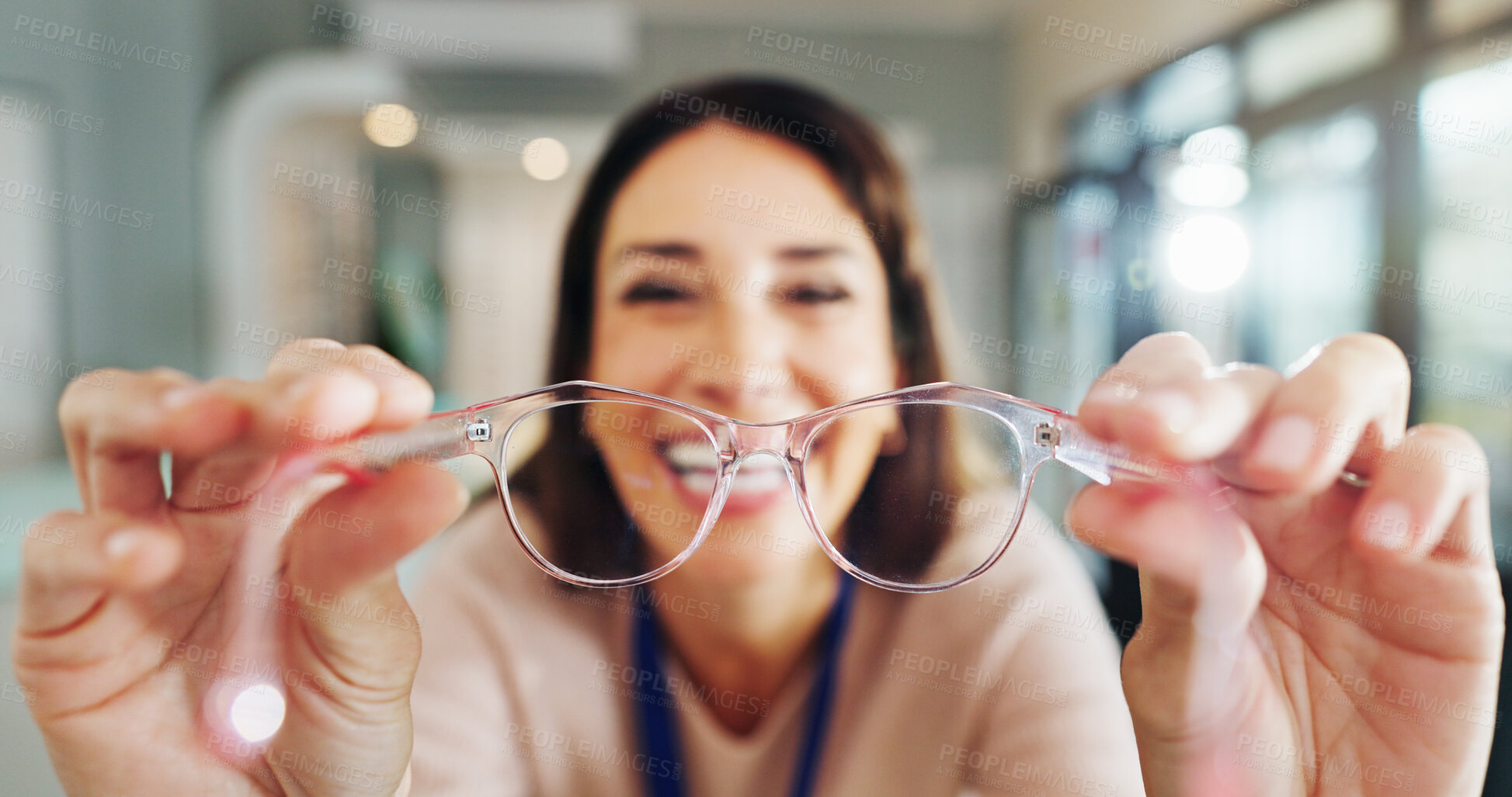 Buy stock photo Glasses, portrait and view of customer with optometrist in hospital for appointment or checkup pov. Frame, hands and prescription lenses with happy woman in clinic for eyewear, optometry or vision