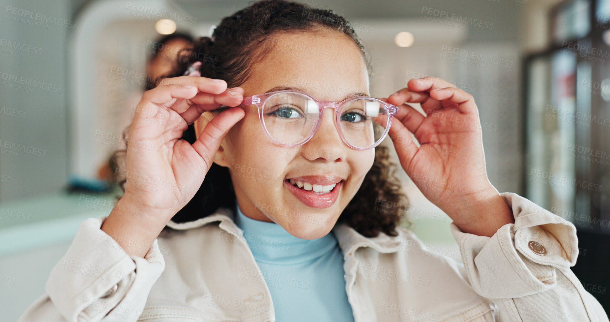 Buy stock photo Eye care portrait, child and smile with glasses in retail store for vision health, optical correction or frame fitting. Happy girl, customer or spectacles prescription with lens choice, size or style