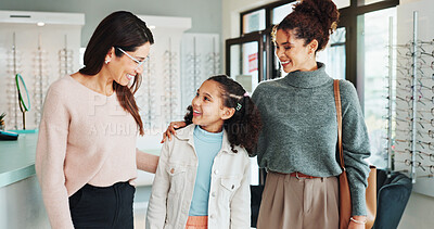 Buy stock photo Family, optometry or vision with girl and woman in hospital for appointment, checkup and eye care. Eyewear, glasses or prescription with child and optometrist in clinic for ophthalmology consulting