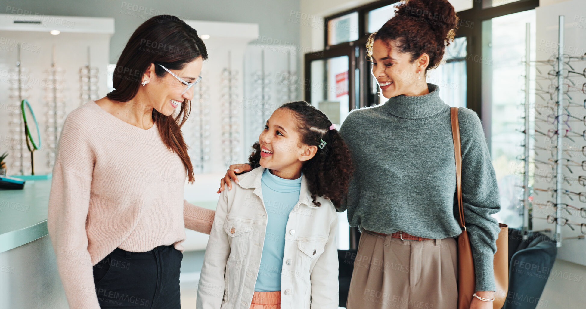 Buy stock photo Family, optometry or vision with girl and woman in hospital for appointment, checkup and eye care. Eyewear, glasses or prescription with child and optometrist in clinic for ophthalmology consulting